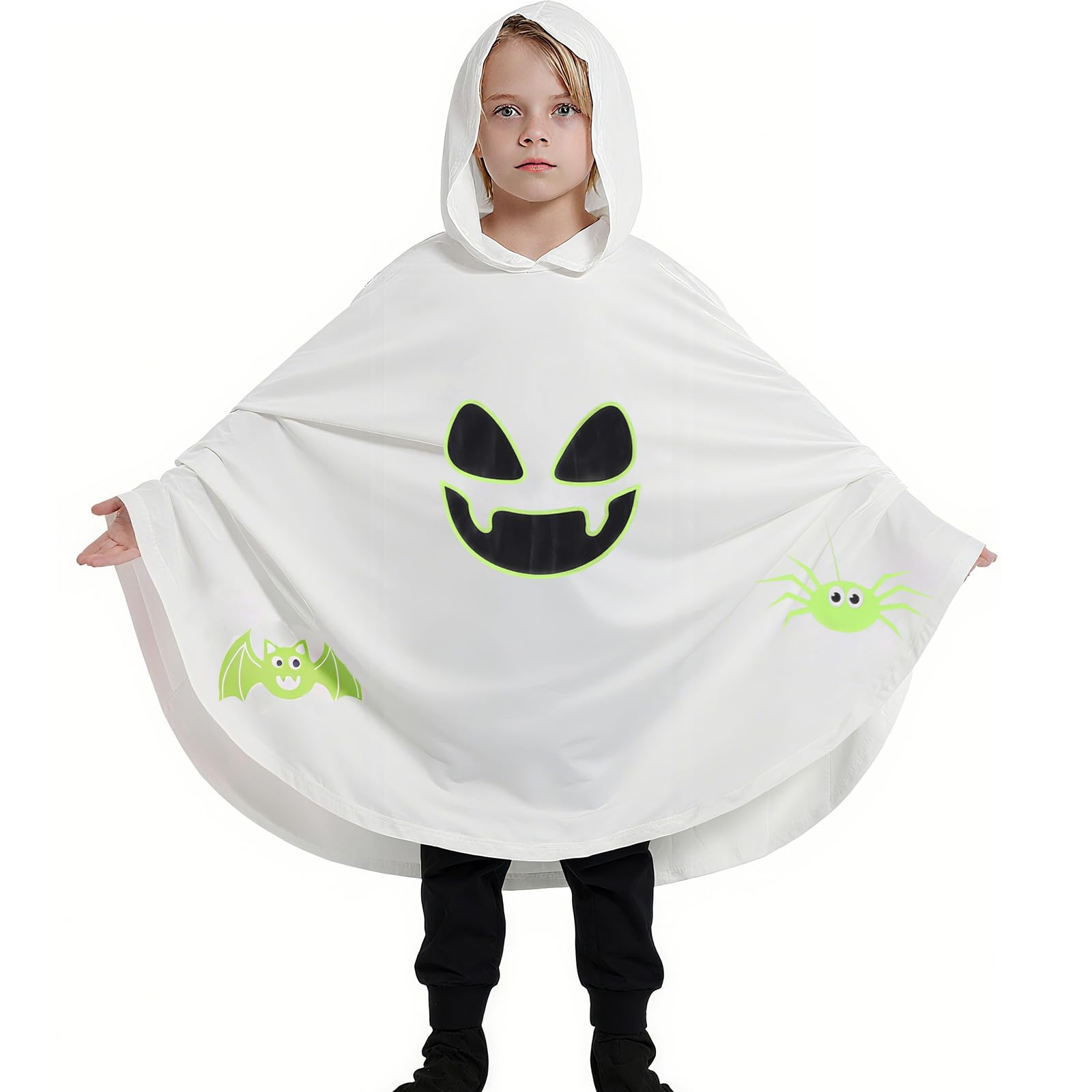 Hotfiary Kids Ghost Costume Glow in the Dark, 6-9 Years & Spider Bat, Boys Girls Halloween Costume Cape Hooded Cloak, Toddler Luminous Ghost Outfit Hoodie Poncho, Children Spooky Fancy Party Dress Up
