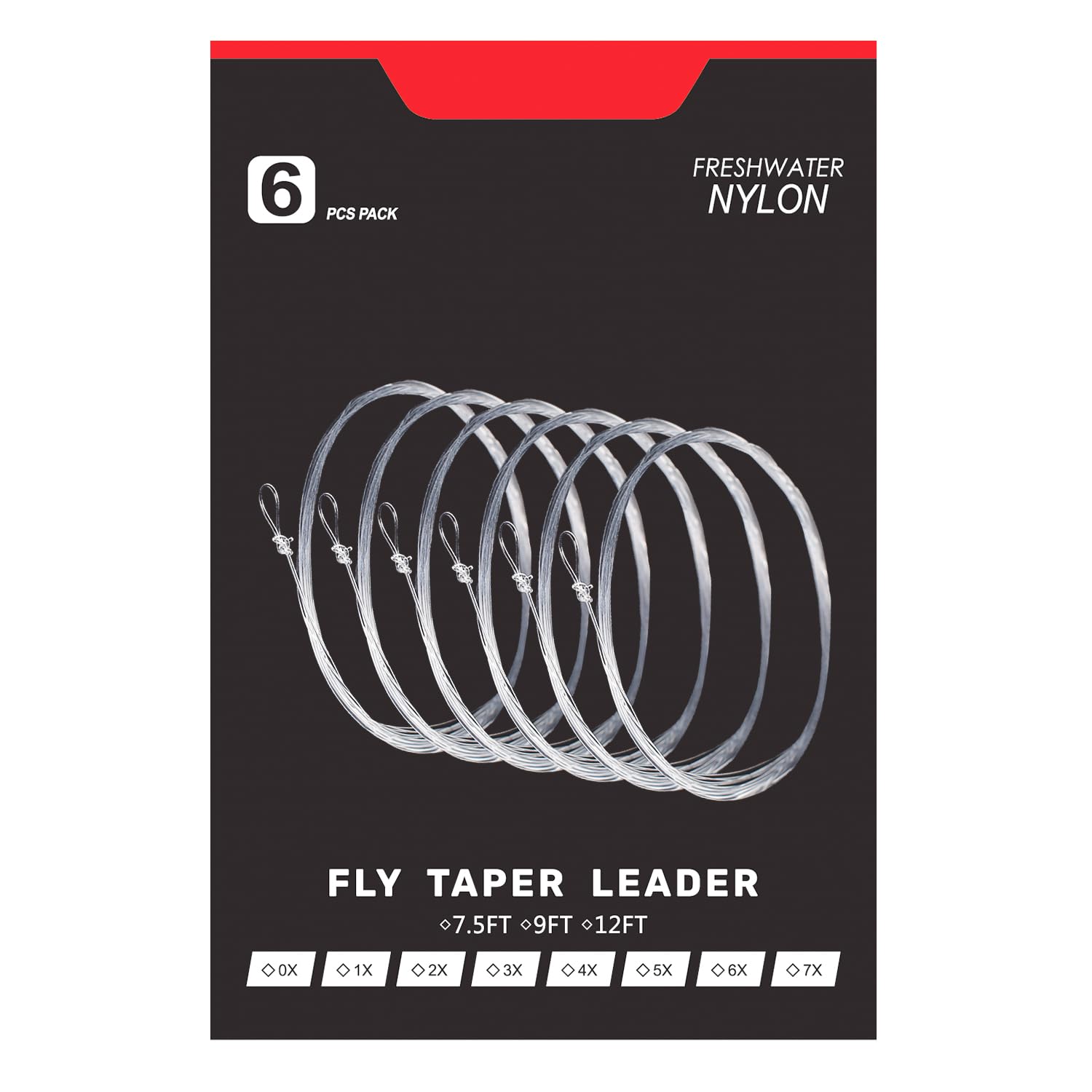 Raprance 9FT Nylon Clear Fly Leader, 5X, Pre-Tied Loop, Tapered, 6 Pack, Transparent, 9ft-6 pack