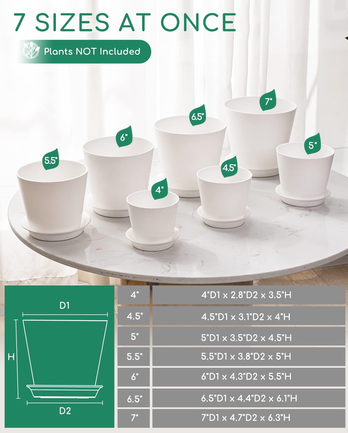 LaDoVita 7 Pack Plastic Plant Pots Indoor, 7/6.5/6/5.5/5/4.5/4 Inch Modern Planters for Plants, Flower Pots with Drainage Holes and Trays, White : Patio, Lawn & Garden