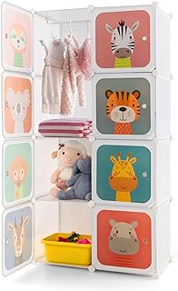 Costzon Kids Wardrobe Closet, Cartoon DIY Modular Dresser Storage Organizer with 8 Cubes & Clothes Hanging Section, Portable Closet Bedroom Nursery Armoire Rack for Toddlers Children