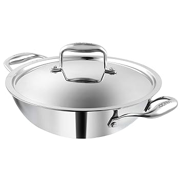 Vinod Platinum Triply Stainless Steel Kadai with lid 3.2 Litre (26 cm Dia) | 3 Layer Stainless Steel Cookware | 5 Year Warranty | Induction & Gas Base | Heavy Bottom