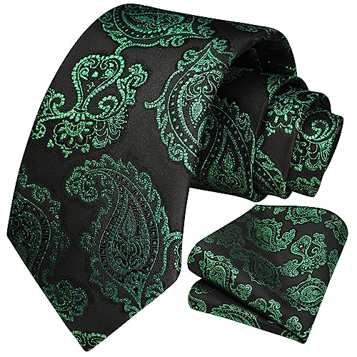 Image of HISDERN Extra Long Ties for Men Classic Floral Tie and Pocket Square Elegant Silk Necktie Handkerchief Set Wedding Party