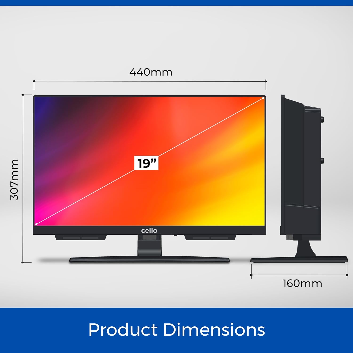 Diagram showing the dimensions of the Cello C1924WSH 19-inch Smart TV.