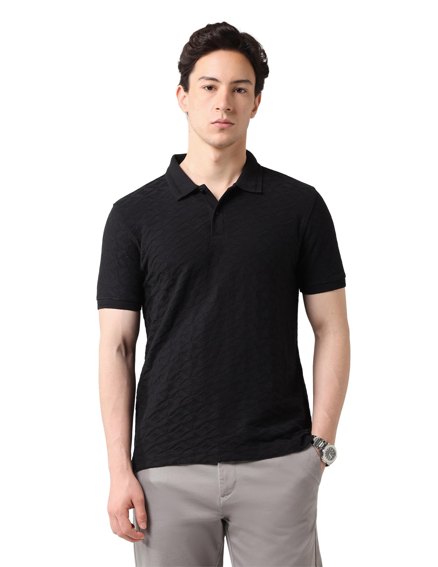 arvind Horizontal Striped Regular Fit Polo Shirt Black-picture-13