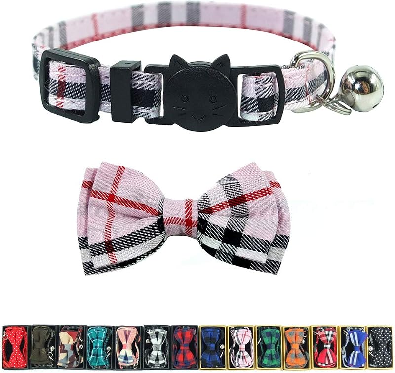 Coleira para Gatos com Fecho de Segurança, Guizo e Gravata-Borboleta Xadrez Pipidog – Rosa Xadrez, 17,27 a 27,43 cm