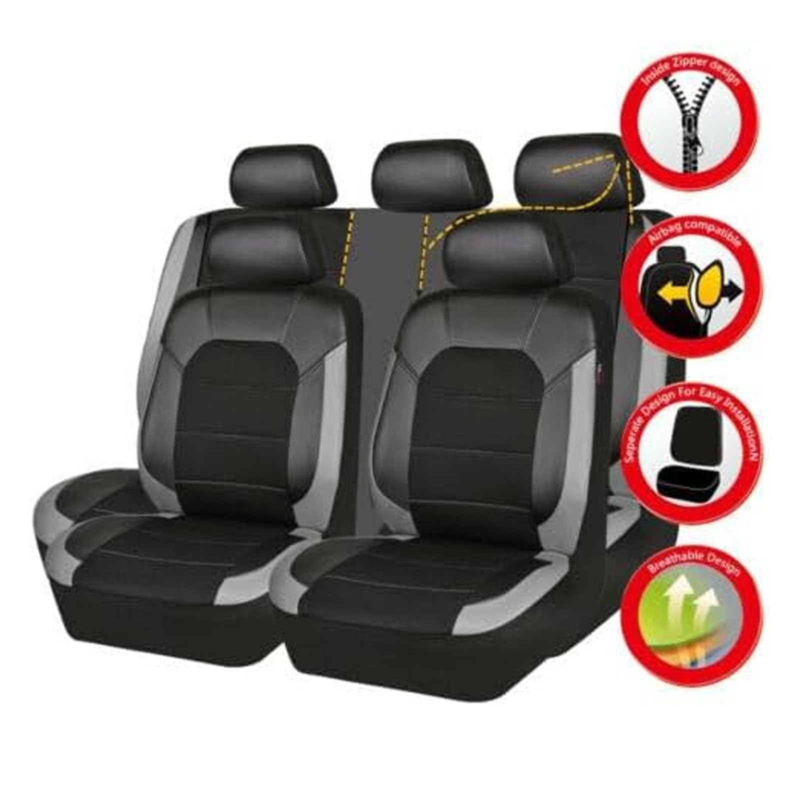MaKeMoney Set di 9 coprisedili per auto in pelle per Audi Q3 S-Line/Q3 Quattro/Q3 Sportback/Q5/Q5 Set completo di protezioni per sedili accessori interni B/grigio nero