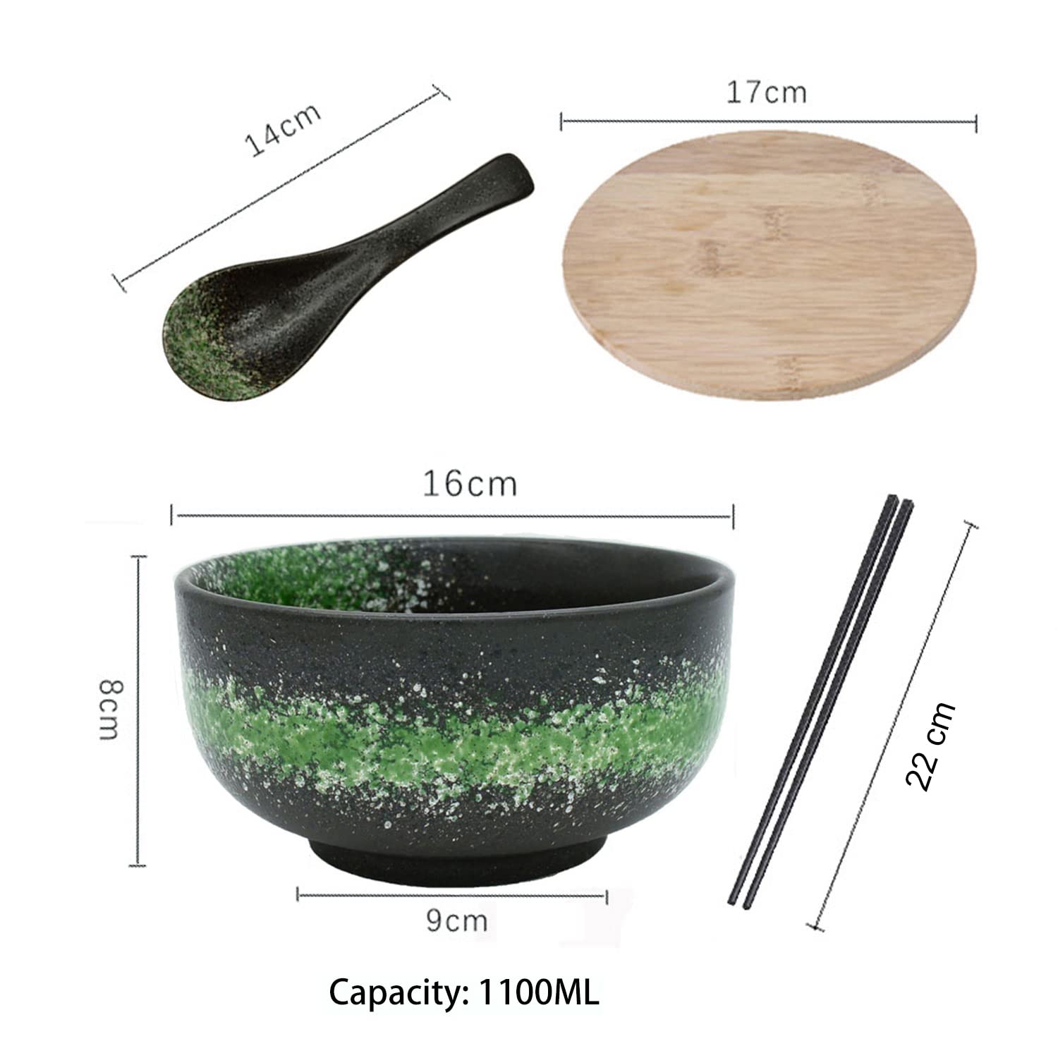 Lot de 2 bols à ramen japonais en céramique, grand bol à soupe 1100 ml avec couvercle, baguettes et cuillère pour Udon, Soba, Hor Fun, nouilles, Ramen, salades et soupes