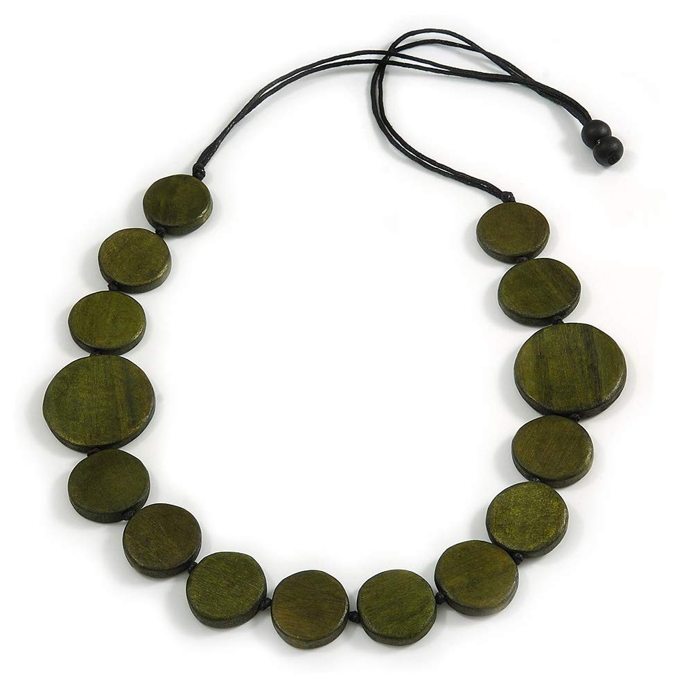 Avalaya Collana Lunga In Legno Con Perline Bottone Verde Scuro - Cordoncino In Cotone Cerato Regolabile 84 Cm - Gioiello Etnico Fatto A Mano