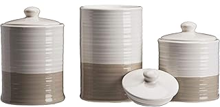 Set of 3 White and Taupe Unique Sealed Storage Canisters, 10