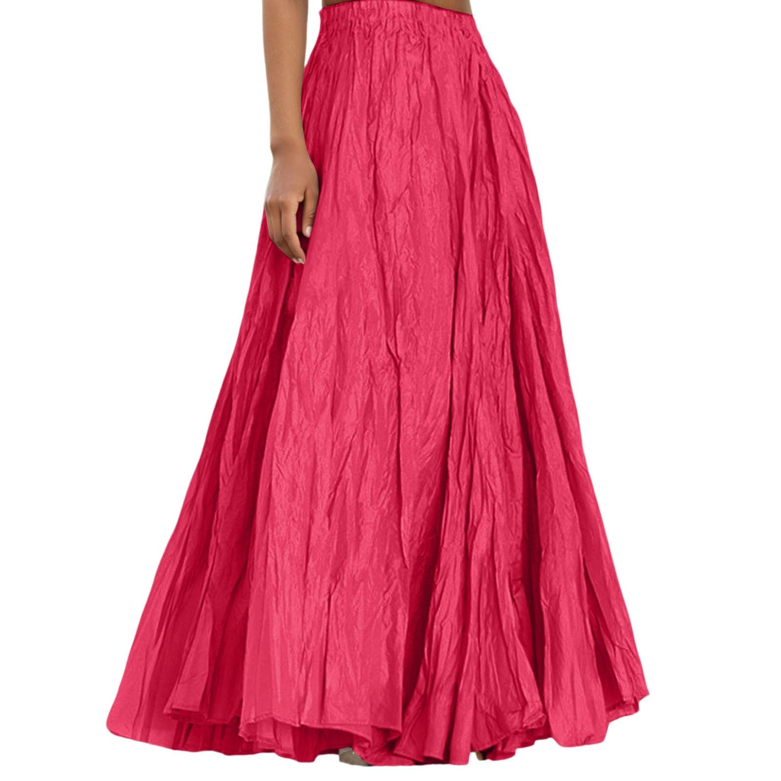 Women's High Waist A-Line Pleated Maxi Skirt Flowy Swing Retro Long Skirt for Party Outing Summer Casual Boho (L) Hot Pink