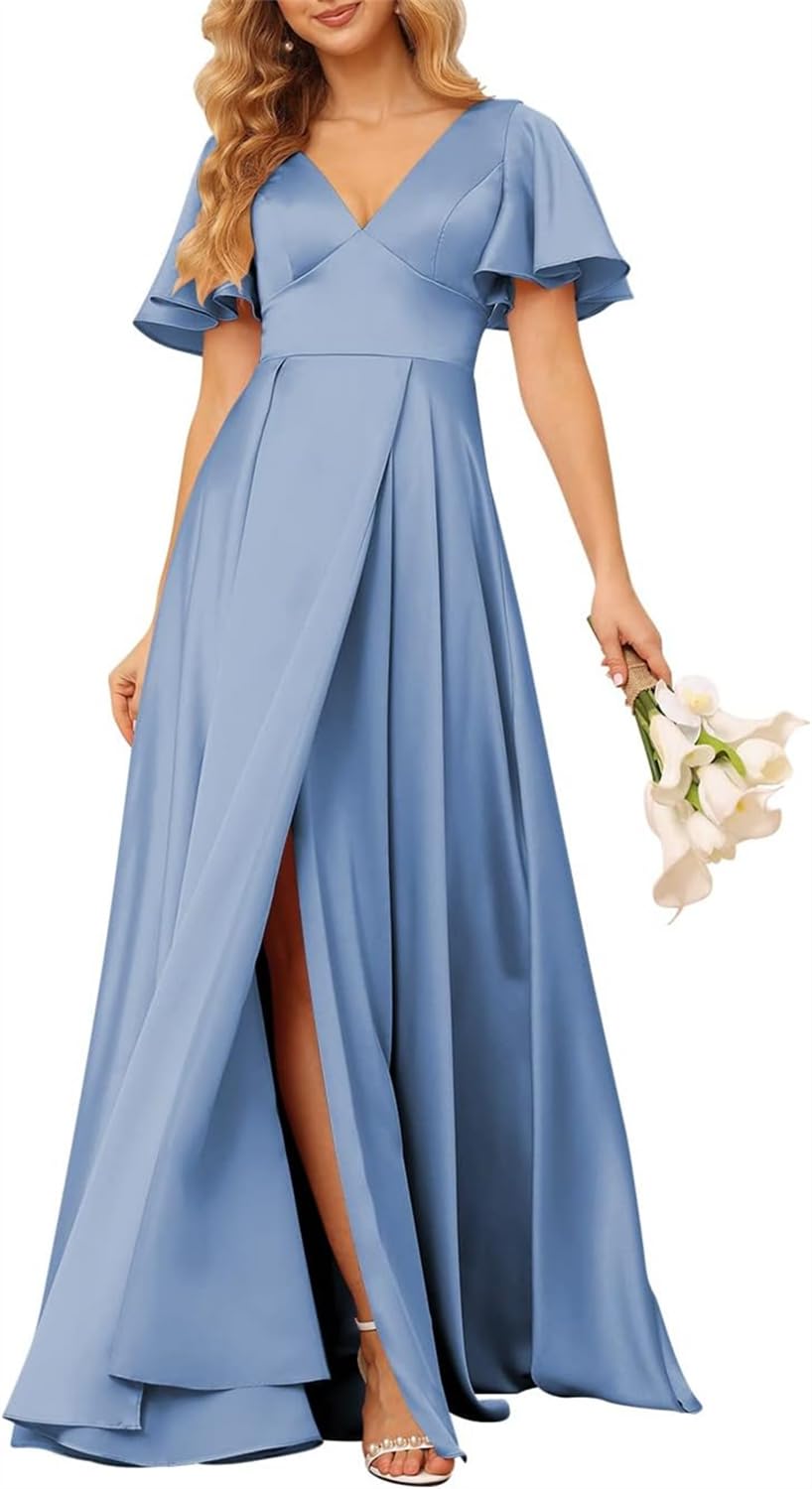 Hppee Women's Dusty Blue Satin Long Bridesmaid Dress For Short Sleeve Elegant V Neck Formal Evening Gowns With Slit Uk14