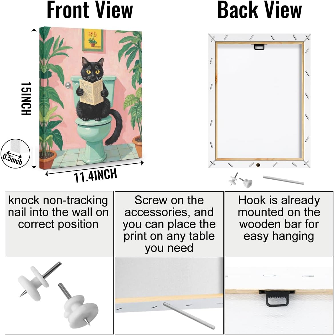 3 Pcs Funny Cat Bathroom Canvas Wall Art, Humorous Cat Restroom Wall Decor Framed Prints for Home Bathroom Apartment Decor, Funky Animal Reading Newspaper Prints for Home Decor 11.5x15 Inch