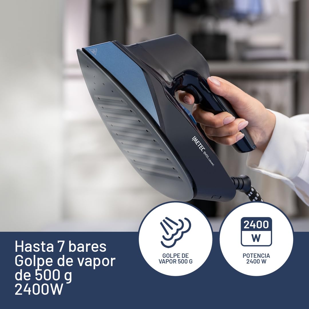 Imetec Evos Ceramic Plancha con Caldera, Presión de hasta 7 bares, Tecnología Flash Steam, Golpe de Vapor de 500 g, Placa Deslizante Infinity Glide Ceramic, 2400 W, Antical, Recarga continua
