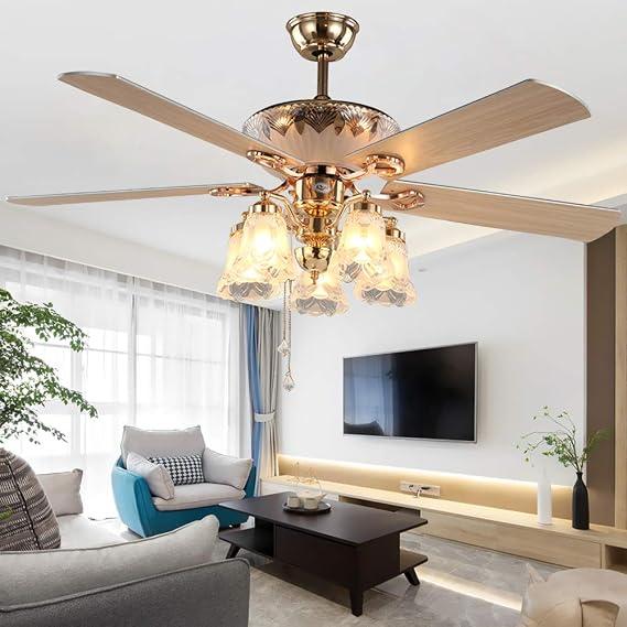 AndersonLight Modern Ceiling Fan with 5 Reversible Blades 5 Frosted Light Kit and Remote Control, Quiet Fan, Ecological Chandelier Fan, Golden Finish, 52-Inch