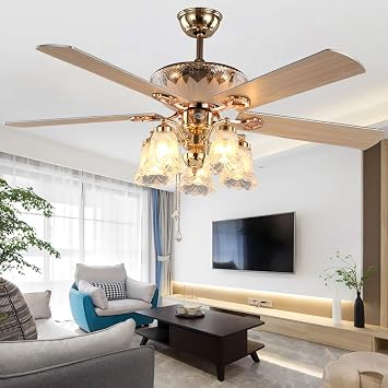 AndersonLight Modern Ceiling Fan with 5 Reversible Blades 5 Frosted Light Kit and Remote Control, Quiet Fan, Ecological Chandelier Fan, Golden Finish, 52-Inch