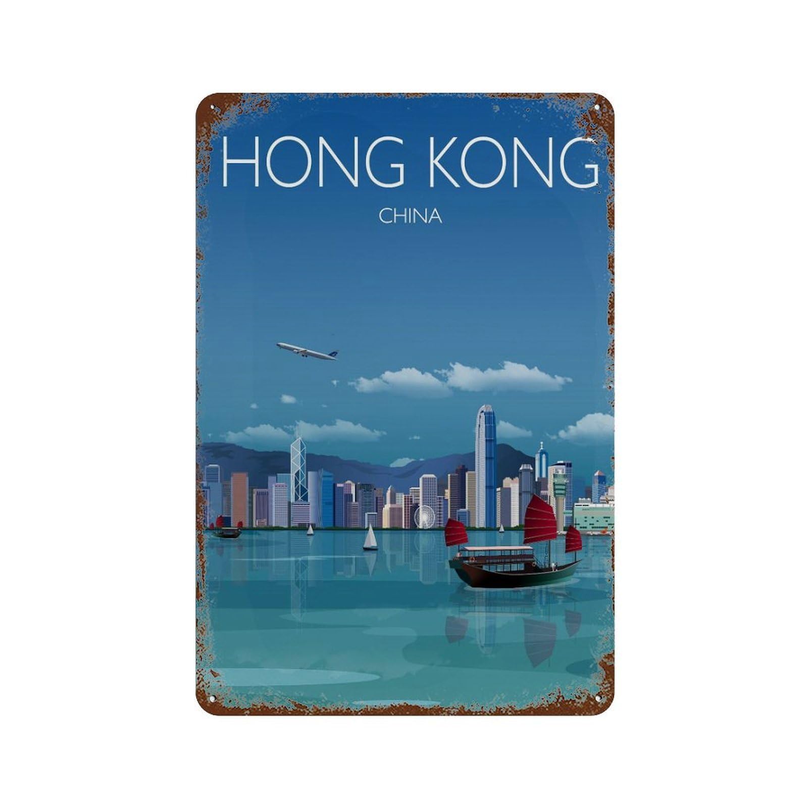 xiaoxiaoshen Travel of Hong Kong City China Cityscape Wall Decor Art Metal Tin Poster Modern Home Decor Art Home Bar Shop Decorations Vintage Sign 30x20cm
