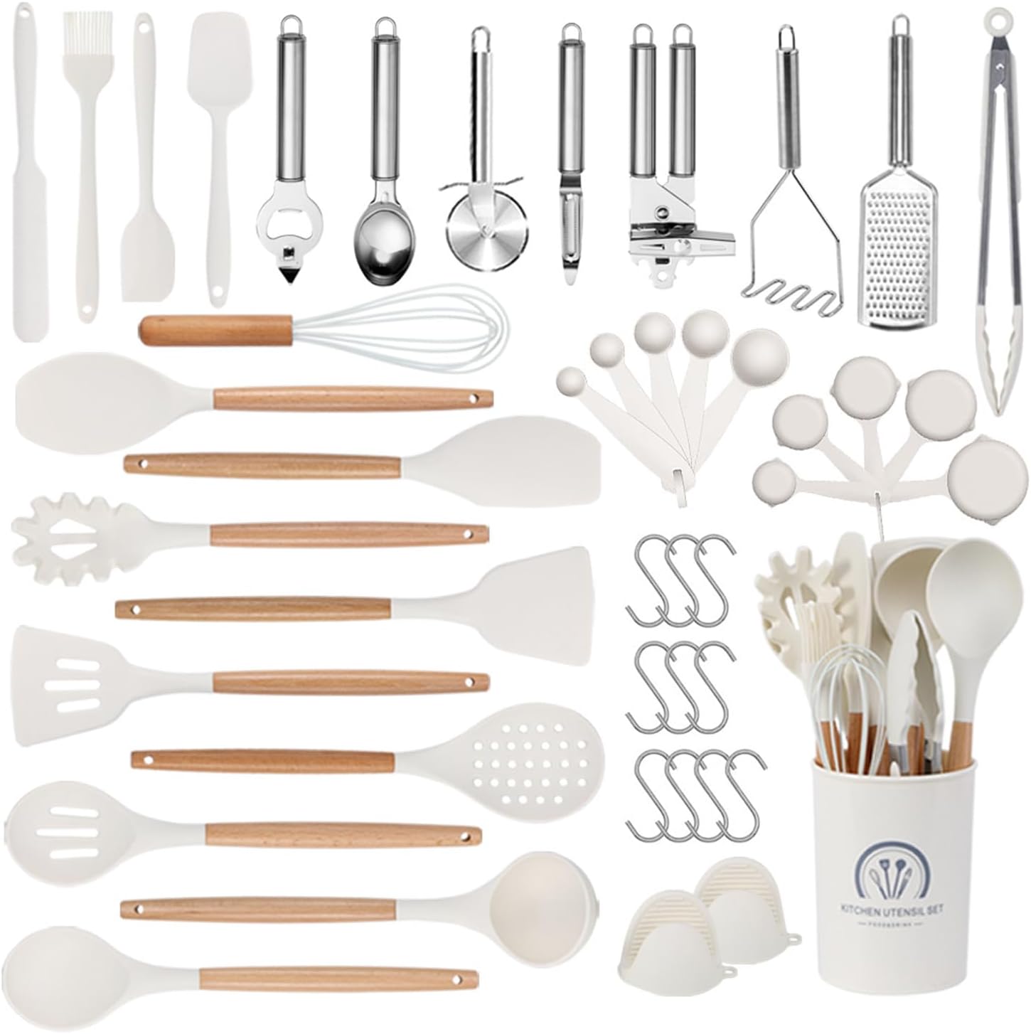 Kitchen Set Silicone Cooking Set Heat Resistant Dishwasher Safe with Wooden Handle Kitchenware Set Kitchen Tools and Gadgets Set for Cooking (Beigewhite 45 Pcs)
