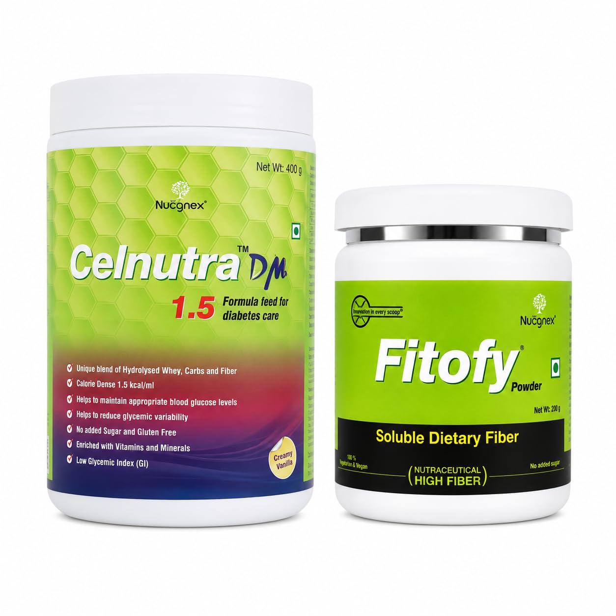 Nucgnex Celnutra DM + Fitofy Prebiotic Fiber Combo | Diabetic Nutrition & Digestive Health Support | Sugar-Free High Protein Nutrition Drink with Low GI Complex Carbs & High Fiber | Vanilla-image-20