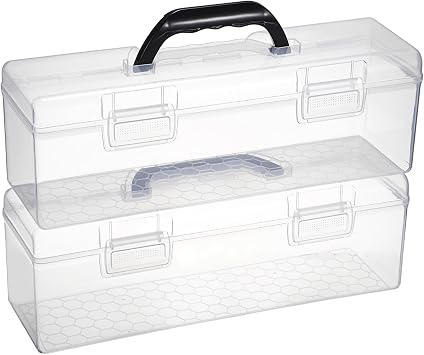 BTSKY 2 PCS Extra Long Plastic Pencil Box Portable Clear Home Utility Boxes with Black Handle Stationery Storage Organizer Utility Painting Tool Storage Container for Marker Sticky-Note Craft Supplies