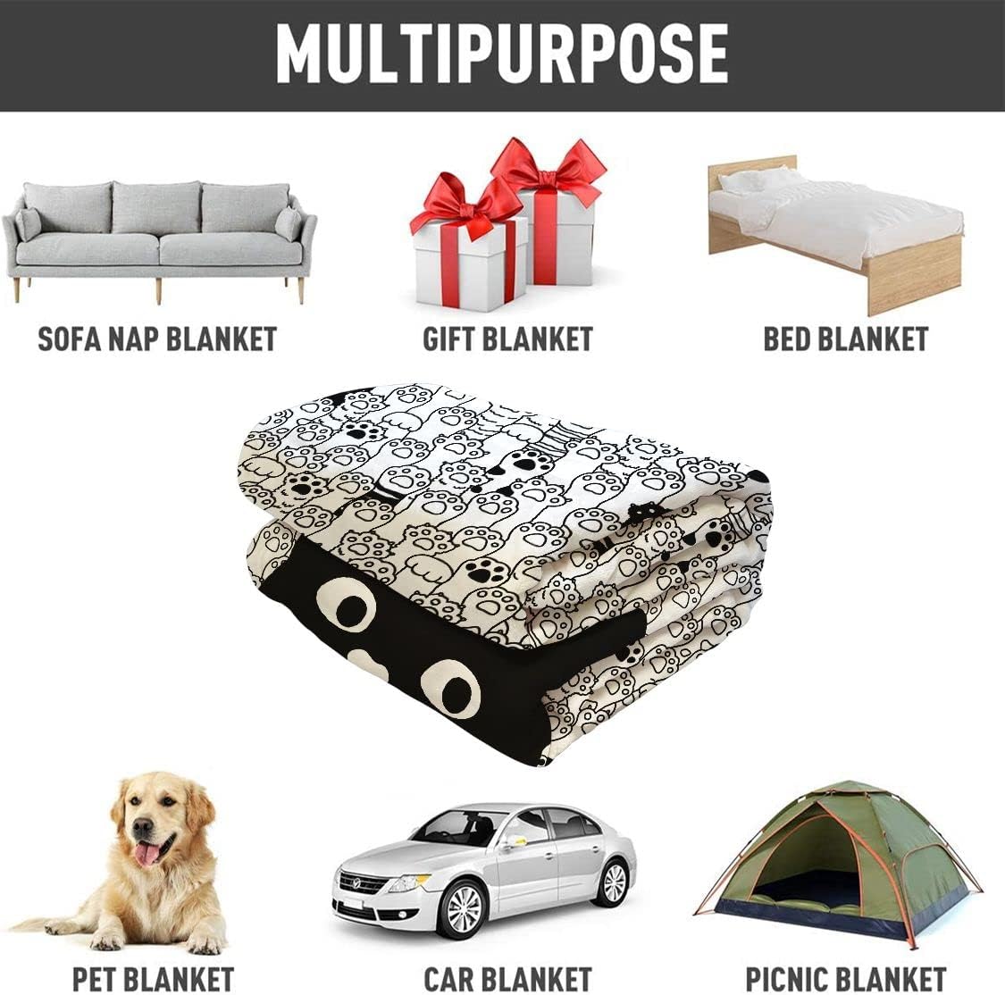 Cat Paw Throw Blanket Black Cat Pattern Paw Sketch Fleece Blanket Soft Warm Cozy for Kids Adult Gifts 60"x80"