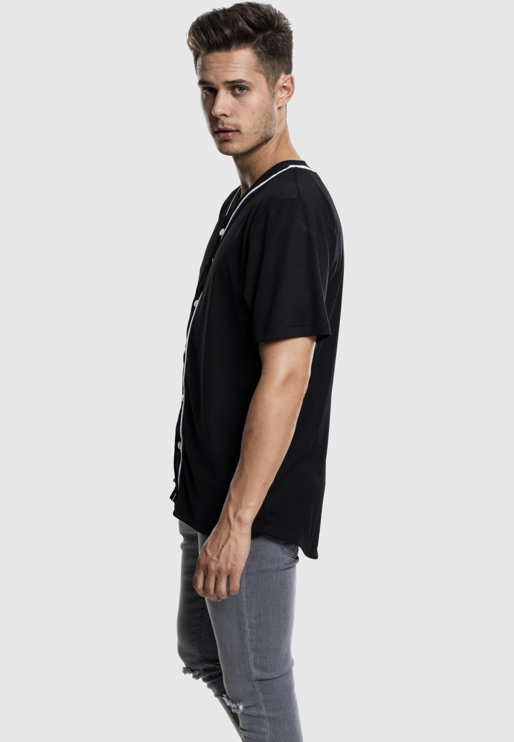 Urban Classics Koszula sportowa na co dzień, T-shirt w paski z krótkim rękawem z guzikami, dekolt w kształcie litery V, standardowy krój Mężczyźni Baseball Jersey