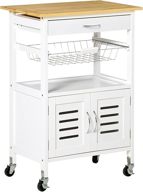 HOMCOM Rolling Kitchen Island Trolley Utility Cart on Wheels with Bamboo Table Top, Storage Cabinet, Drawer and Wire Basket