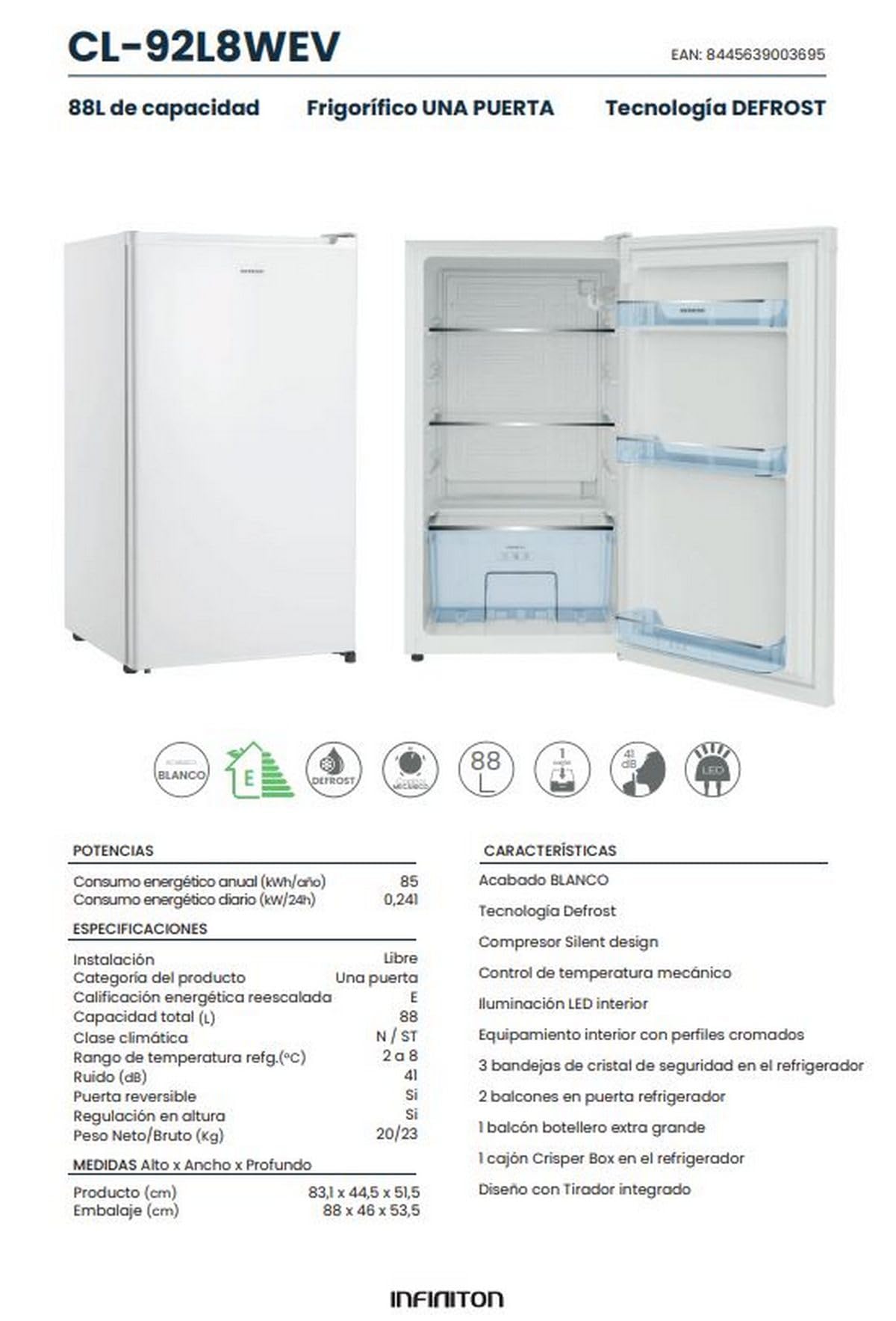 INFINITON Frigorifico Una Puerta CL-92L8WEV, 83 cm, E, 88 litros, Puerta Reversible, Blanco