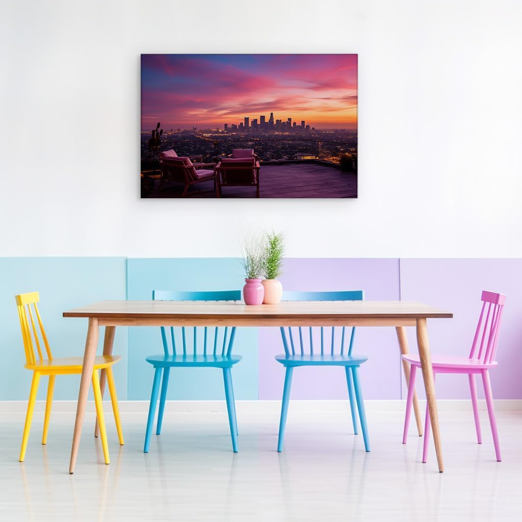 Canvas for Living room. Sunset Serenade: Downtown Los Angeles Bathed in Vibrant Hues, 27 x 18 inch Canvas Wall Art - Ready to Hang