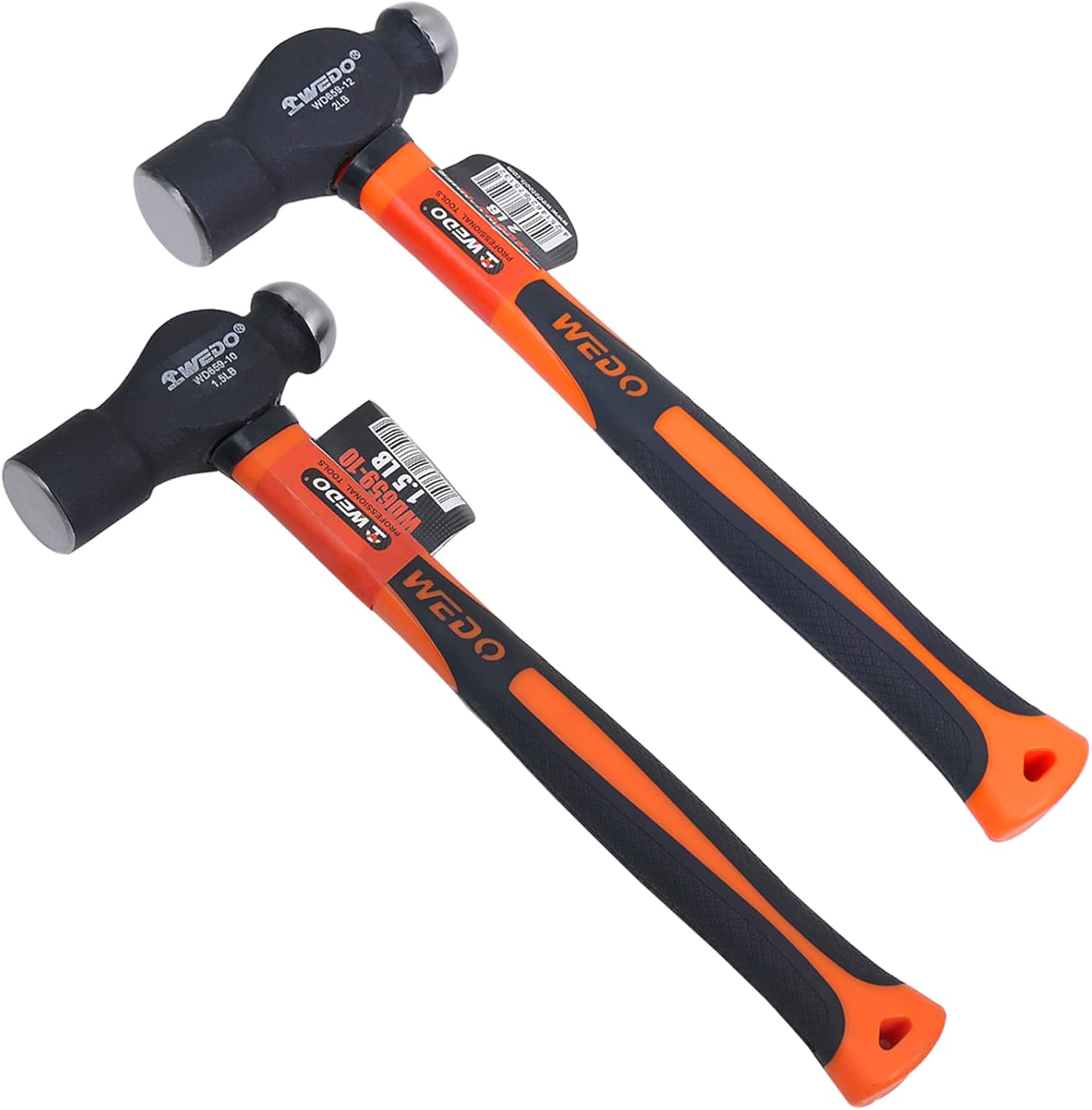 WEDO 2PCS Ball Pein Hammer Set,1.5lb+2lb,Fiberglass Handle,Ball Peen Hammer, High Carbon Steel,Shock Resistant, Non-Slip Handle, Die-forged