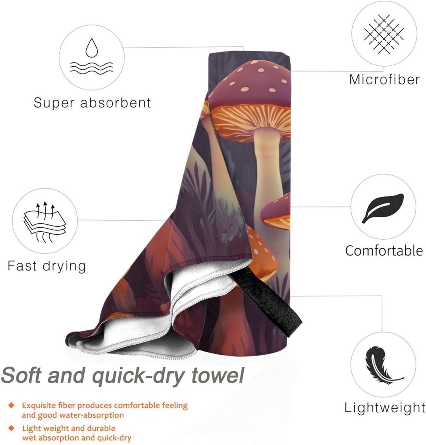 KHiry Microfiber Towel Beach Towels Bright Mushrooms Art Quick Dry Towel Soft Lightweight Travel Towels Absorbent Large Easy Pack Travel Things Beach Blanket for Gym Sports Swimming