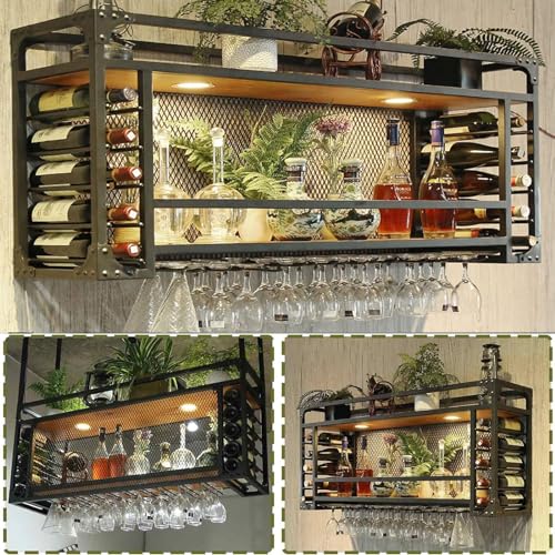 Vintage-Weinregal, 100 cm, Gitterstruktur, Präsentationsregal für den Einzelhandel, LED-Beleuchtung, Wand- oder Standmontage, Glashalter für Zuhause und Gastronomie, 2-stöckiges De