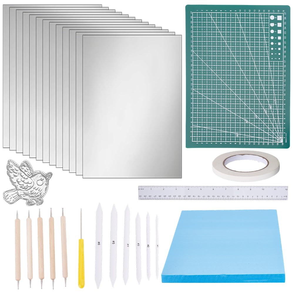 OLYCRAFT 36Pcs Tin Aluminum Art Paper Kit Metal Embossing Kit Include Aluminum Embossing Foil Sheets Foam Plate Cutting Mat Masking Tape Bead Awls Alloy Pens Blenders Ruler for DIY Handcraft Supplies