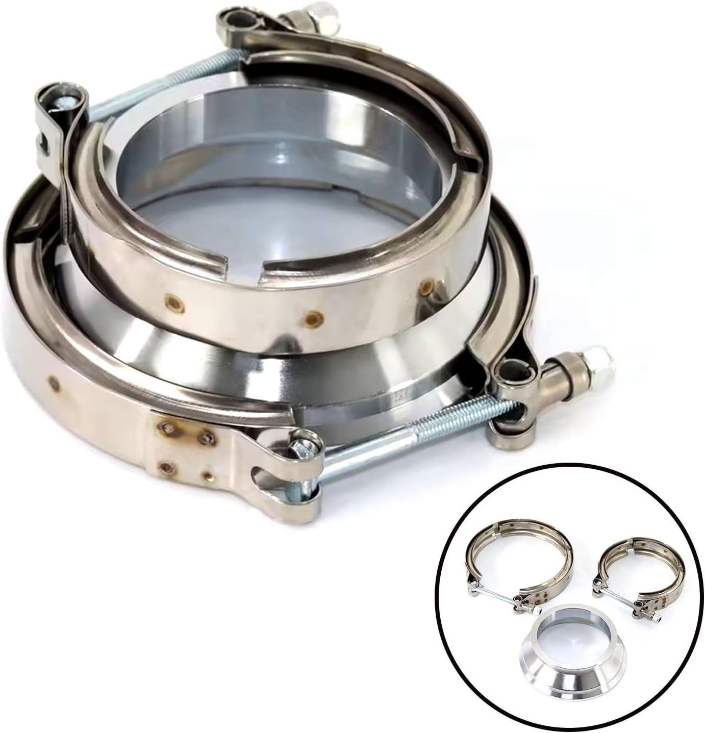 3" to 4" ID Stainless Steel Exhaust V-Band Clamps Adapter Flange Reducer Kits for Turbo Exhaust Pipe