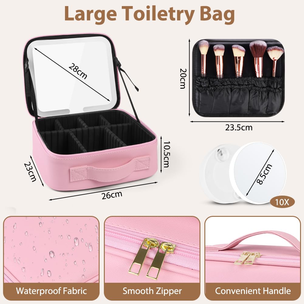 OSDUE Beauty Case da Viaggio Donna 23x26 cm Borsa Cosmetica con Specchio 3 Colori LED Porta Trucchi Rosa