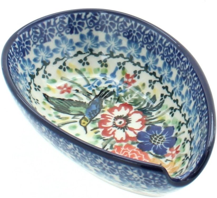 Blue Rose Polish Pottery - Red Hummingbird Small Spoon Rest - 5" x 3.75" - Heat-Resistant Decorative Spoon Holder for Cooking