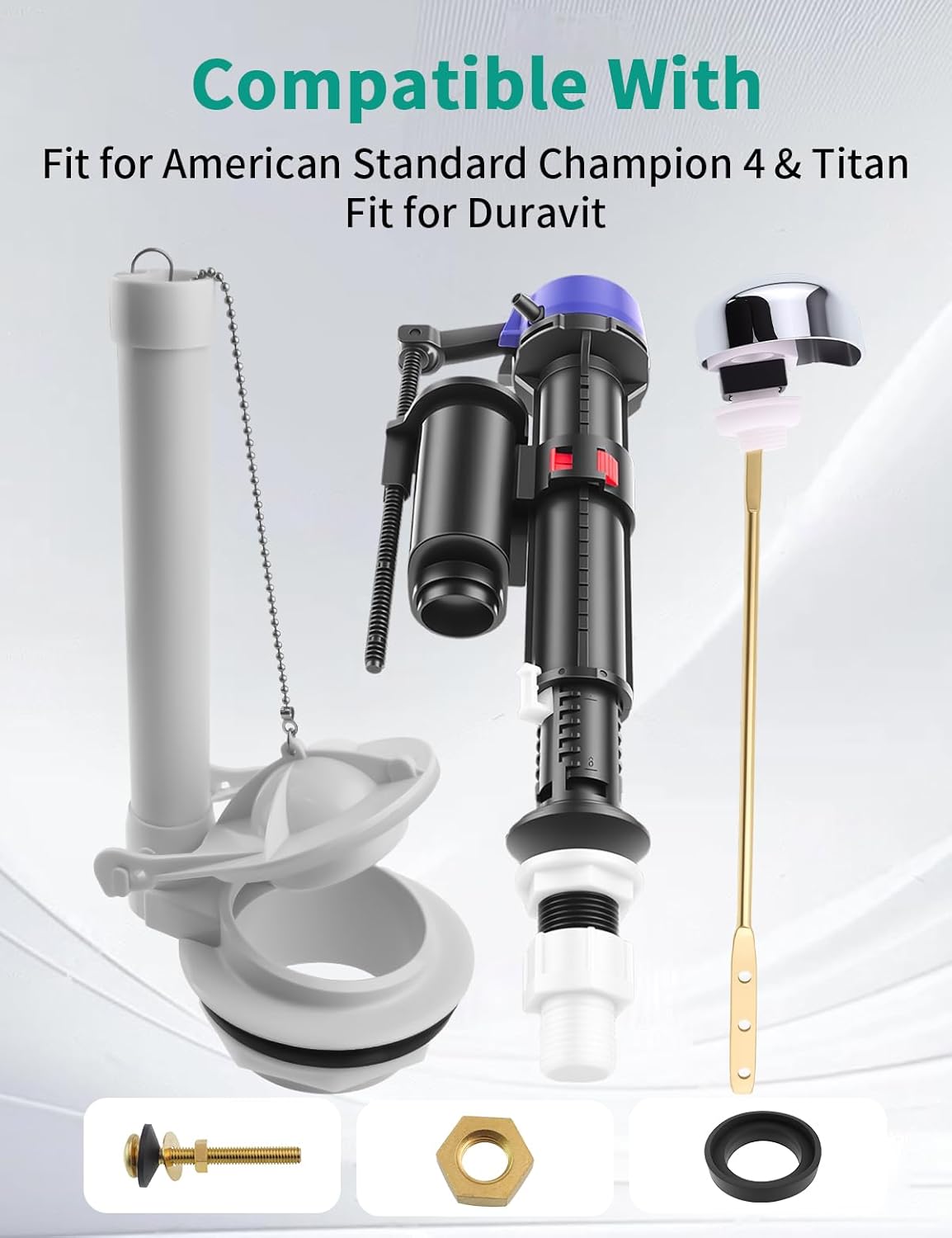 Toilet Flush Valve Fit for American Standard Champion 4/Titan/Duravit/Flush Valve Replace 4149a/4215a/4260/4266, Includes Flapper/Gasket/4PCS Bolt, Adjustable Toilet Tank Inlet Valve