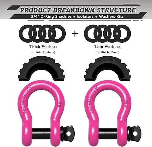 Vista 14 de AUTMATCH- 2 grilletes en D de 3/4 pulg, 41,887 Ib, resistencia a la rotura, tornillo de 7/8 pulg, pasador y grillete, aislante y arandelas, Negro