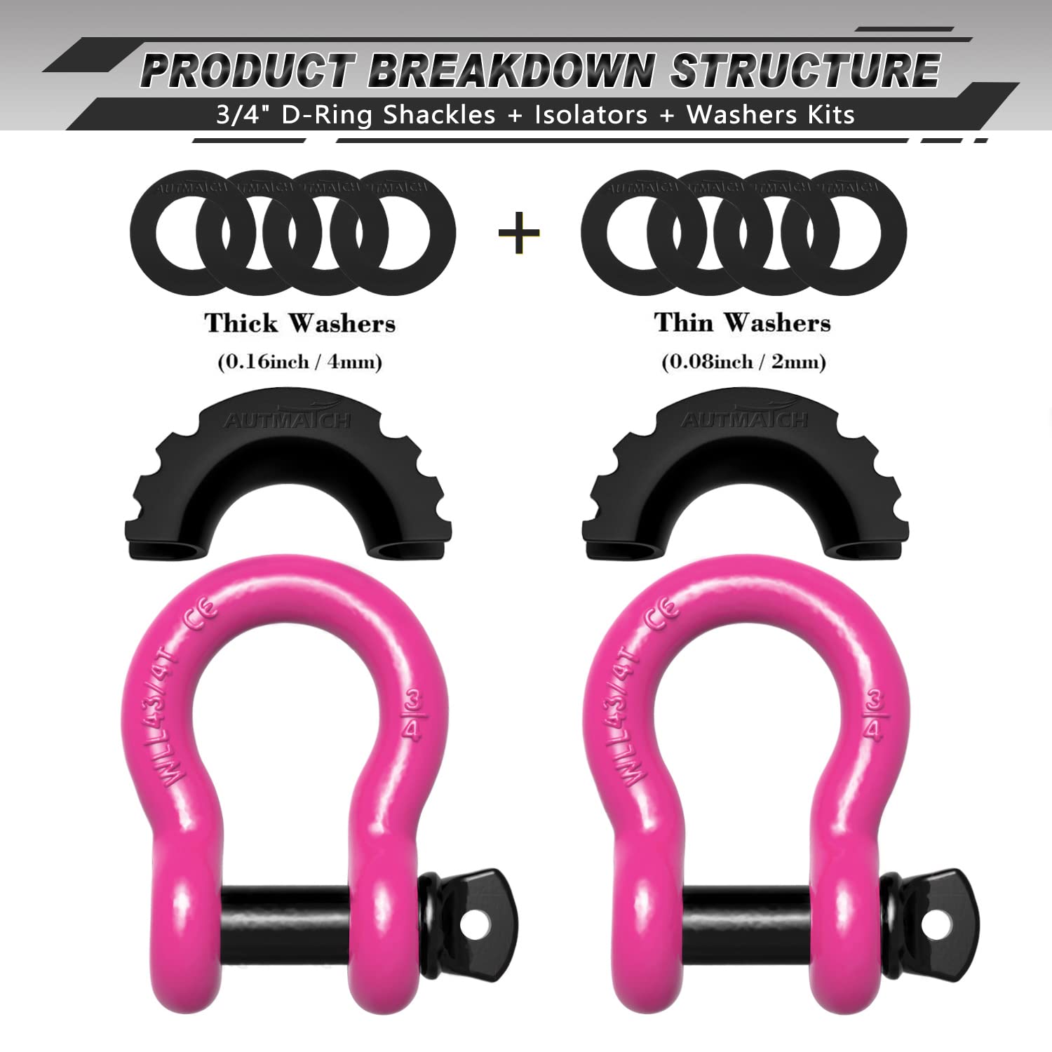 AUTMATCH 3/4" D-Ring Shackles (2 Pack) 41,887Ibs Break Strength with 7/8" Screw Pin and Shackle Isolator Washers Kit for Tow Strap Truck Off Road Vehicle Recovery, Pink