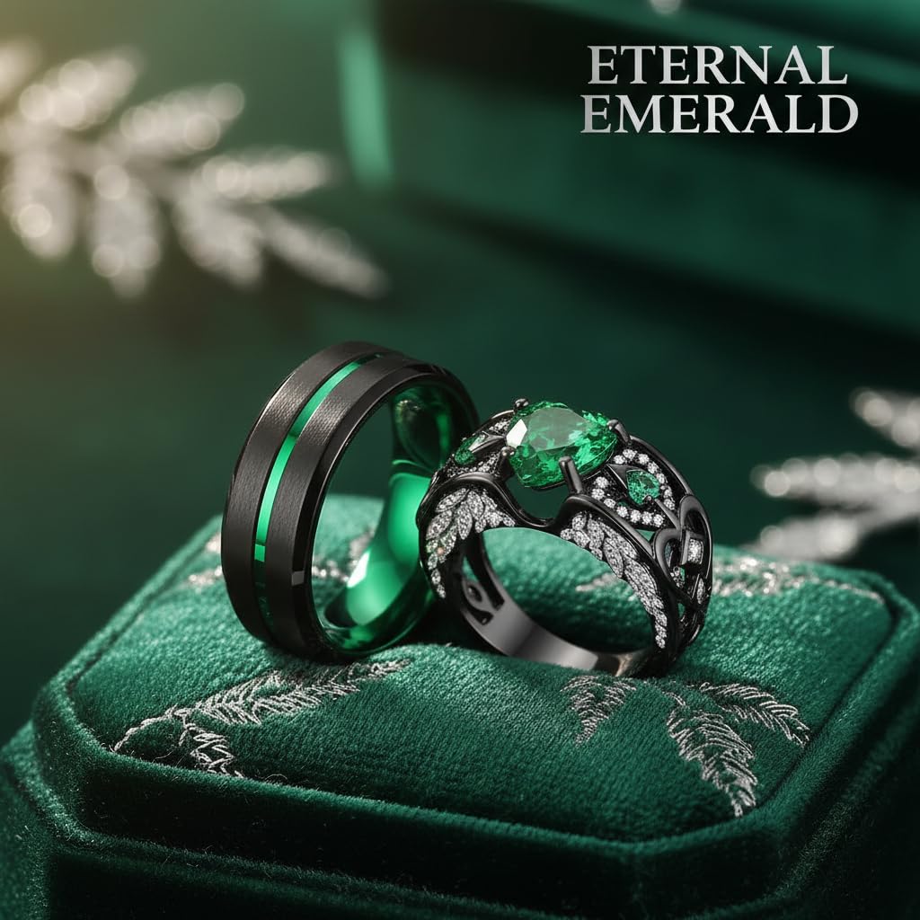 RHANY Passende Eheringe für Paare Set Versprechen Ringe für ihn und sie anpassbare Smaragd grün Verlobungsringe für Frauen Herren Ehering Wolfram graviert Valentinstag Schmuck Geschenk