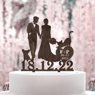 Decoración rústica para tartas de boda con bulldog francés y sabueso afgano, decoración para tartas de boda, decoración para tartas de despedida de soltera, para boda, madera, color marrón