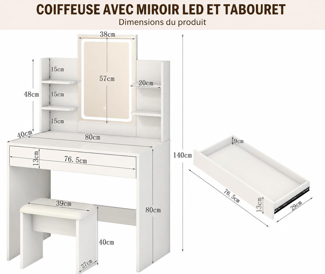Coiffeuse avec Miroir et Tabouret - LED 3 Couleurs - Grand Rangement 4 Étagères + Tiroir - Bureau Maquillage Blanc Moderne - Éclairage Professionnel Réglable