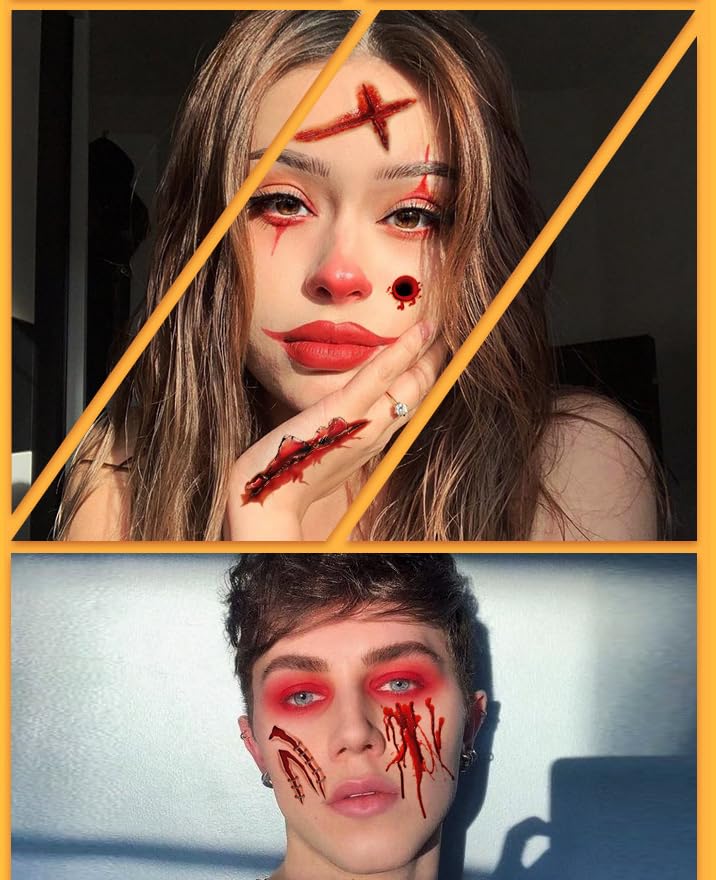 Miniatura 7 de Tatuaje facial de Halloween, 16 hojas realistas falsas de puntada de herida sangrienta, cicatriz, tatuajes falsos aterradores para mujeres, hombres