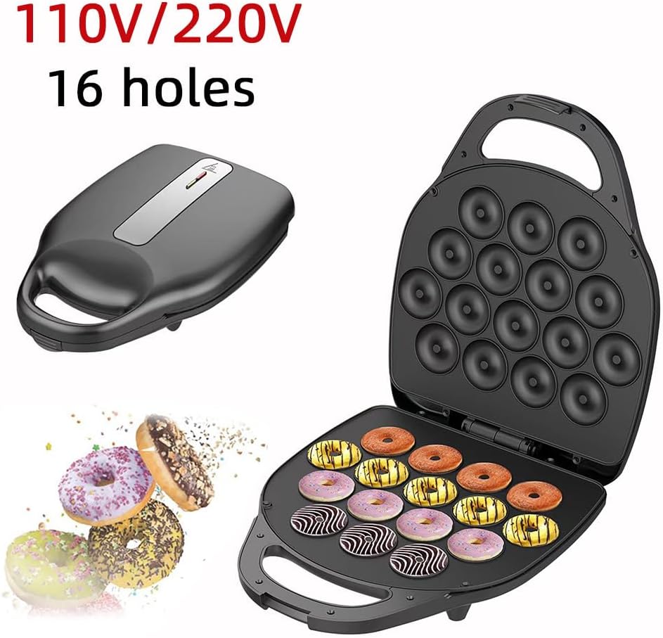 Mini donut maker, 1400w donut maker, can make 16 donuts, double-sided heating, non-stick pan, suitable for family gatherings, dessert making for couples, dessert shop black