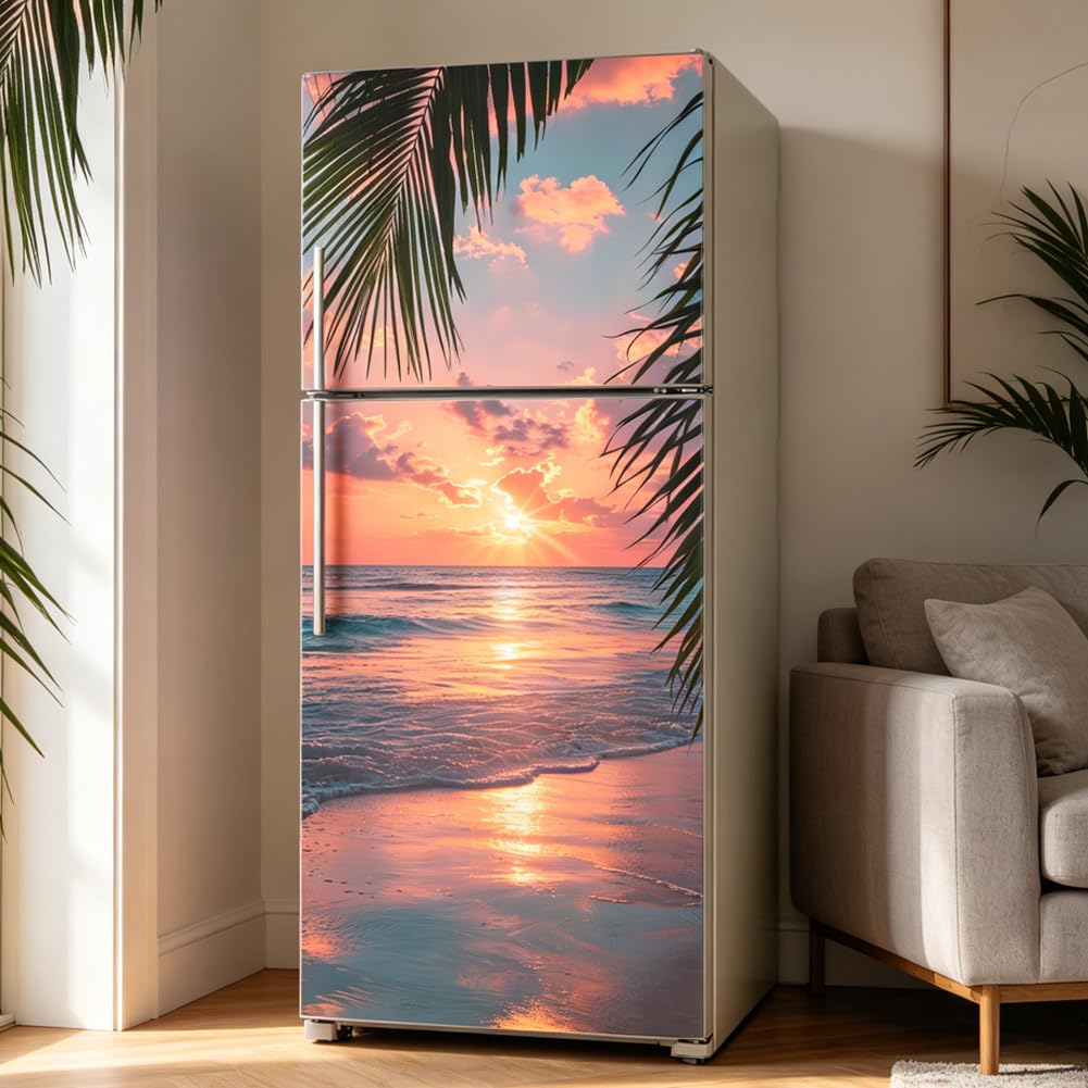 2 Blatt Farbverlauf Strand Türtapete Selbstklebend, 41.5x200cm Selbstklebende Abnehmbare Kühlschranktür Wandbilder Mit Sonnenuntergangsstrandmotiv 3D Für Dekoration von Küche Bar