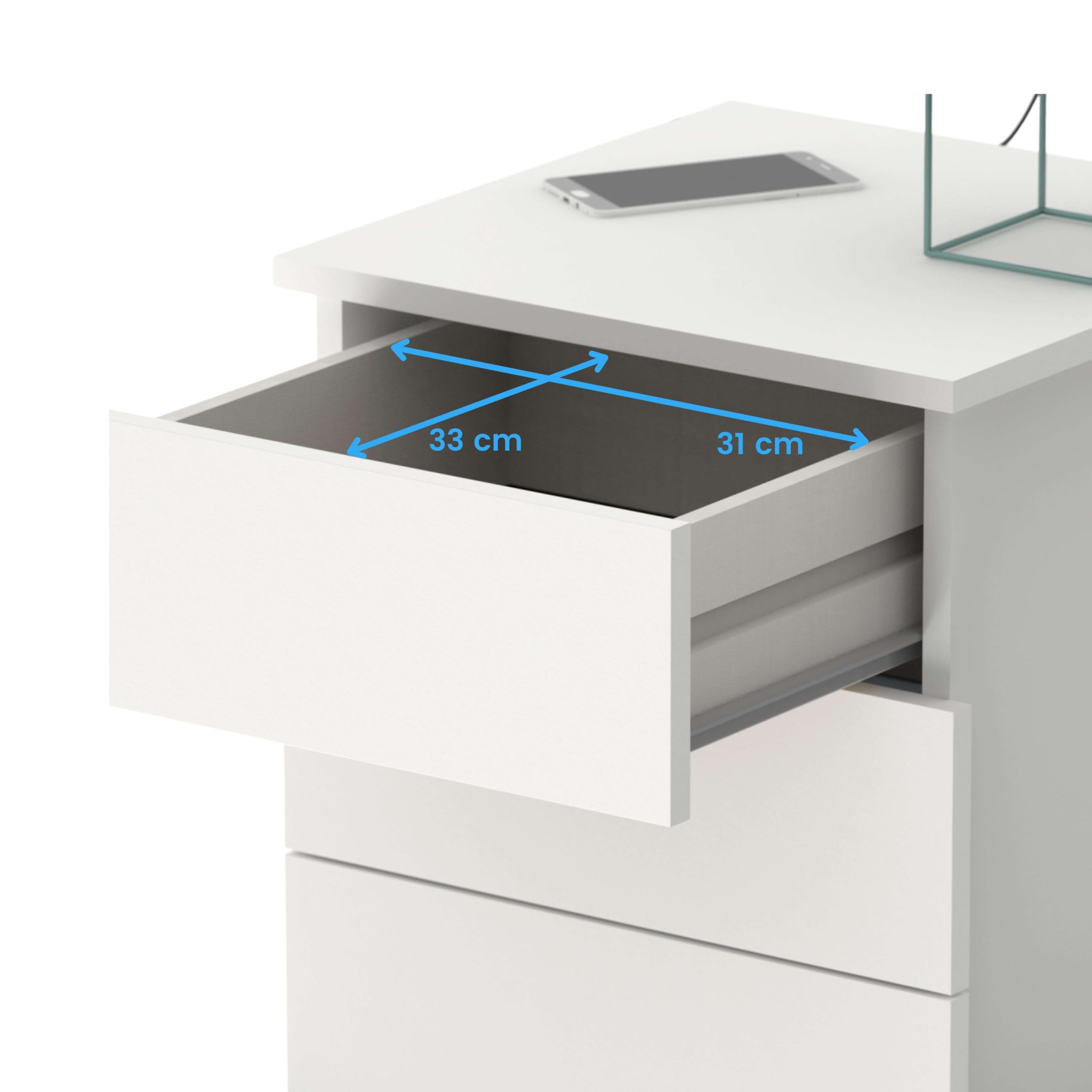Muebles Pitarch | Comodino 3 Cassetti con Guide Metalliche, Bianco, 48,5x41x40 cm (altezza x larghezza x profondità), Piccola Cassettiera, Moderna, Modello Dana