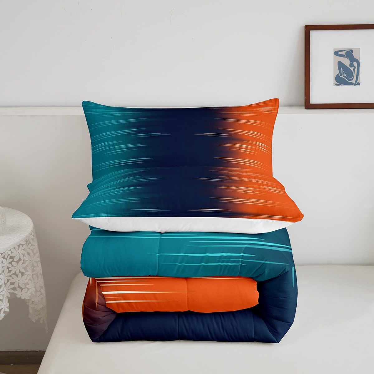 Erosebridal Contemporary Art Twin Comforter Set Blue Orange Bedding Sets,Gradient Ombre Duvet Insert Grunge Abstract Duvet Set Geometric Lines Quilted Comforter Boys Girls Adult Bedroom Decor,Cozy