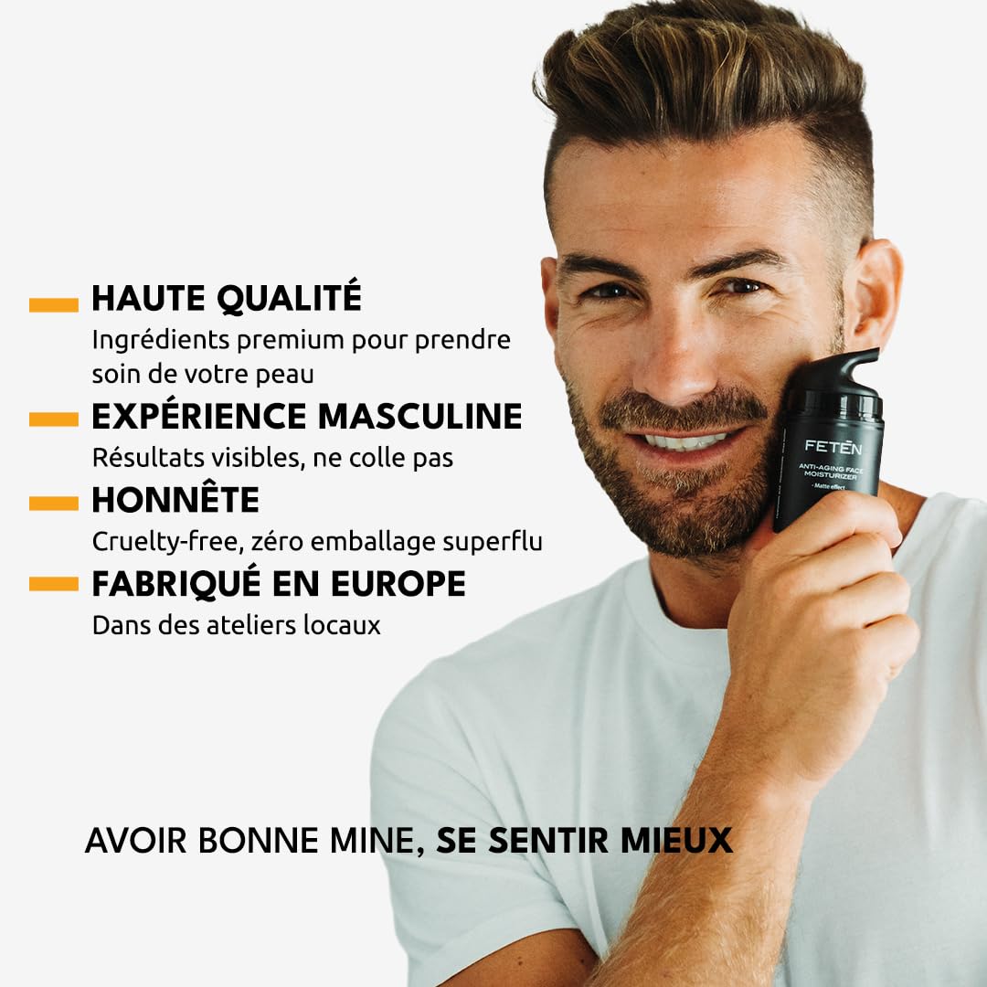 FETEN Crème Visage Homme – Crème Hydratante Anti-Rides avec Acide Hyaluronique – Effet Anti-Âge & Matifiant – Soin Visage Jour & Nuit Homme – Skincare Anti-Acné 50ml (Lot de 2)