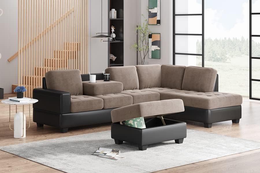 Camden Brown Velvet L-Shaped Sectional Sofa with Reversible Chaise and with Storage Ottoman