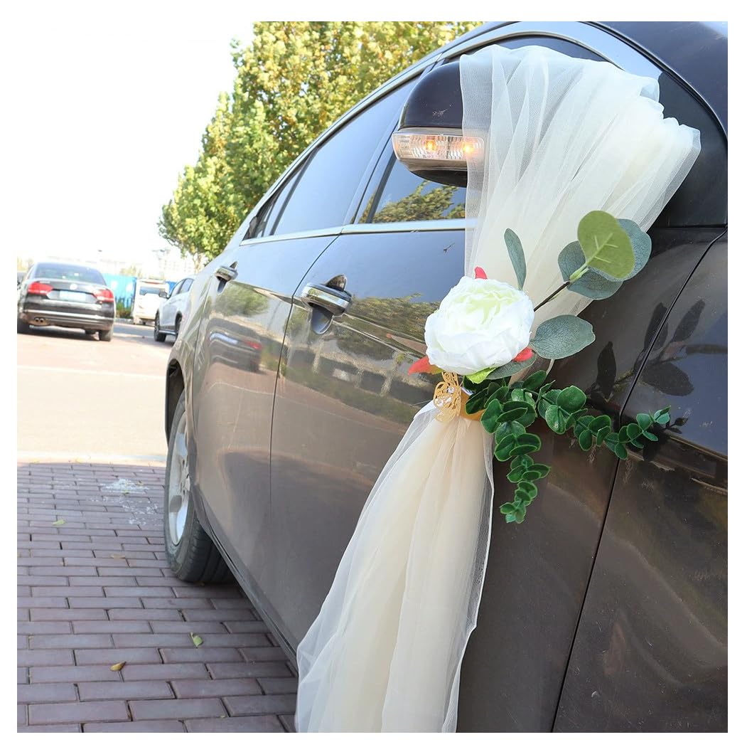 100 x 150 cm - Tissu en tulle blanc avec fleur artificielle d'eucalyptus - Boucle papillon - Kit de décoration pour mariage, voiture, rétroviseur de voiture, poignée de porte, décoration de