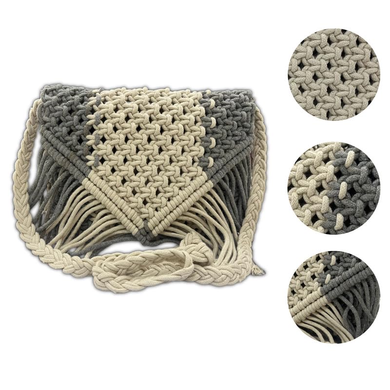 Maresse Bohemian Macrame Sling Bag - Handcrafted Grey & Cream Boho Purse with Fringe - Chic Eco-Friendly Shoulder Bag - Handmade Knitting & Weaving Boho Bag for Women, Grey, M3
